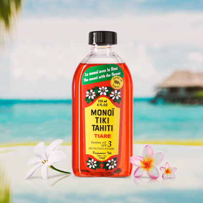Monoi Tiki Tiare spf 3 Quick Tanning Oil, for Face : Body, with Tahitian Gardenia scent, spf3, 120ml