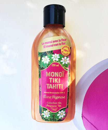 Monoi Tiki Tiare Hypnose Spf 3 with Glitter, Quick Tanning Oil Face : Body, with iridescent elements, Tahitian Gardenia scent, 120ml