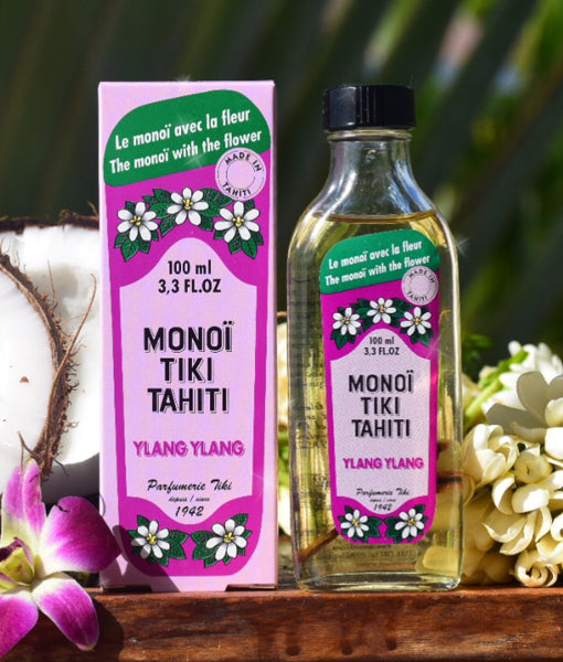 Monoi Tiki Ylang Ylang in glass bottle Facial Oil: Body, in a glass bottle, with Ylang Ylang fragrance, 100ml