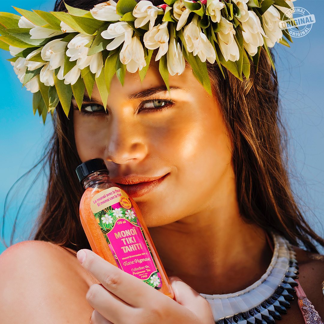 Monoi Tiki Tiare Hypnose Spf 3 with Glitter, Quick Tanning Oil Face : Body, with iridescent elements, Tahitian Gardenia scent, 120ml