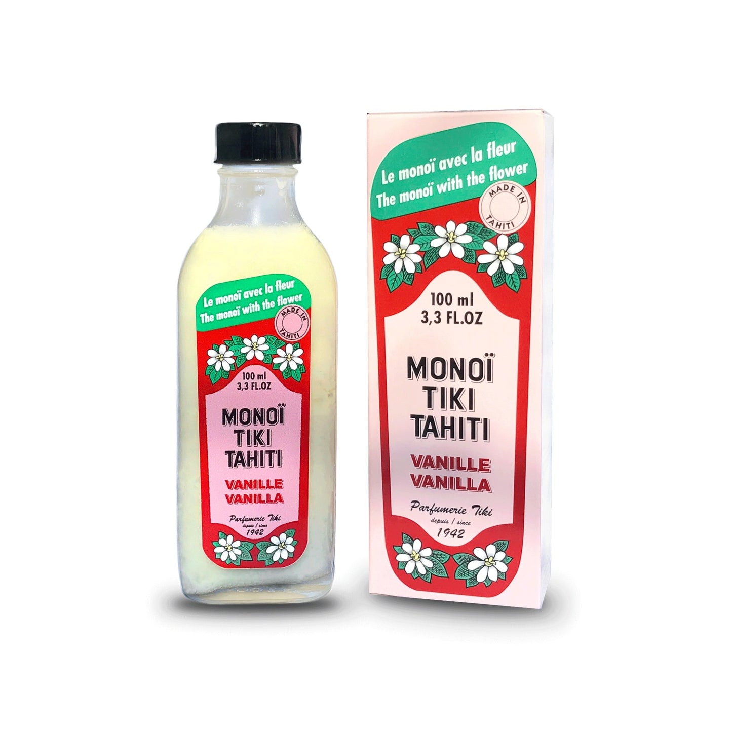 Monoi Tiki Vanilla in glass bottle Facial Oil: Body, in a glass bottle, with Vanilla aroma, 100ml