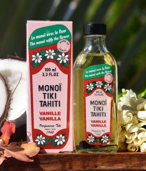 Monoi Tiki Vanilla in glass bottle  Λάδι Περιποίησης Προσώπου : Σώματος, σε γυάλινο μπουκάλι,  με άρωμα Βανίλια, 100ml